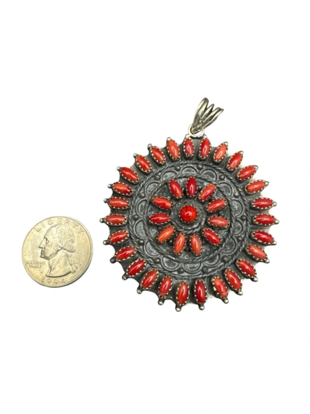 Vintage Zuni Sterling Silver Zuni Petit Point Blood Ox Coral Pendant 38.5 grams